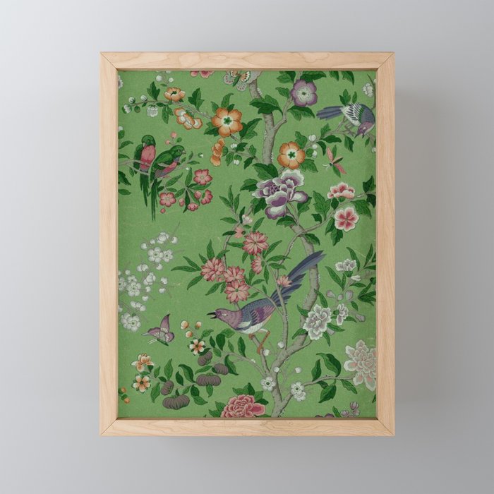 Chinoiserie Magpie Peony Garden Summer Green Mini Art Print Gallery Image 1