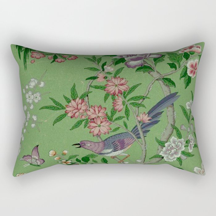 Chinoiserie Magpie Peony Garden Summer Green Rectangular Pillow Gallery Image 1