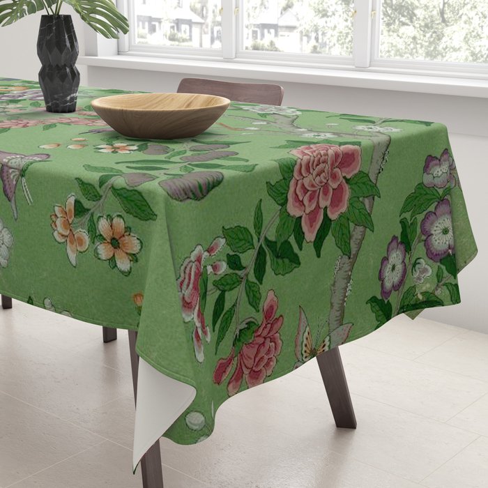 Chinoiserie Magpie Peony Garden Summer Green Tablecloth Gallery Image 3