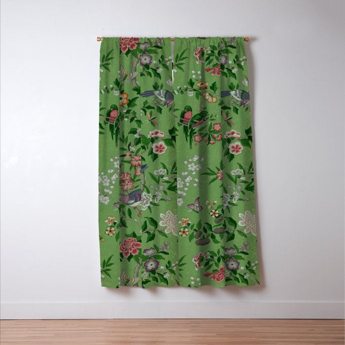 Chinoiserie Magpie Peony Garden Summer Green Window Curtain Gallery Image 3