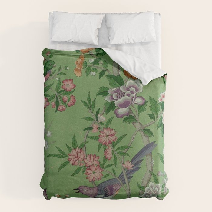 Chinoiserie Magpie Peony Garden Summer Green Duvet Cover Gallery Image 1