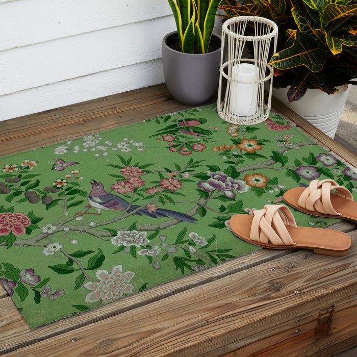 Chinoiserie Magpie Peony Garden Summer Green Outdoor Rug Gallery Image 2