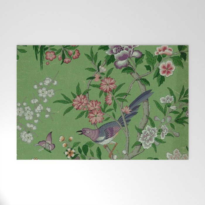 Chinoiserie Magpie Peony Garden Summer Green Welcome Mat Gallery Image 1