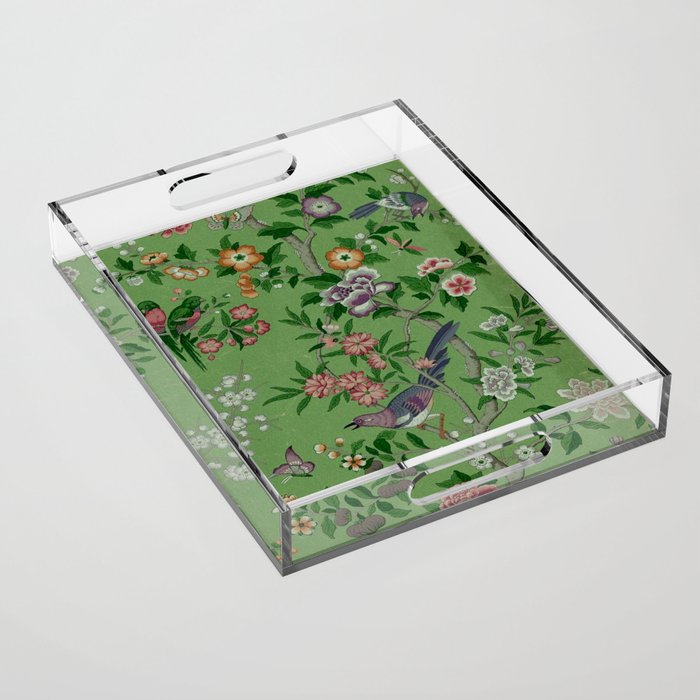 Chinoiserie Magpie Peony Garden Summer Green Acrylic Tray Gallery Image 1