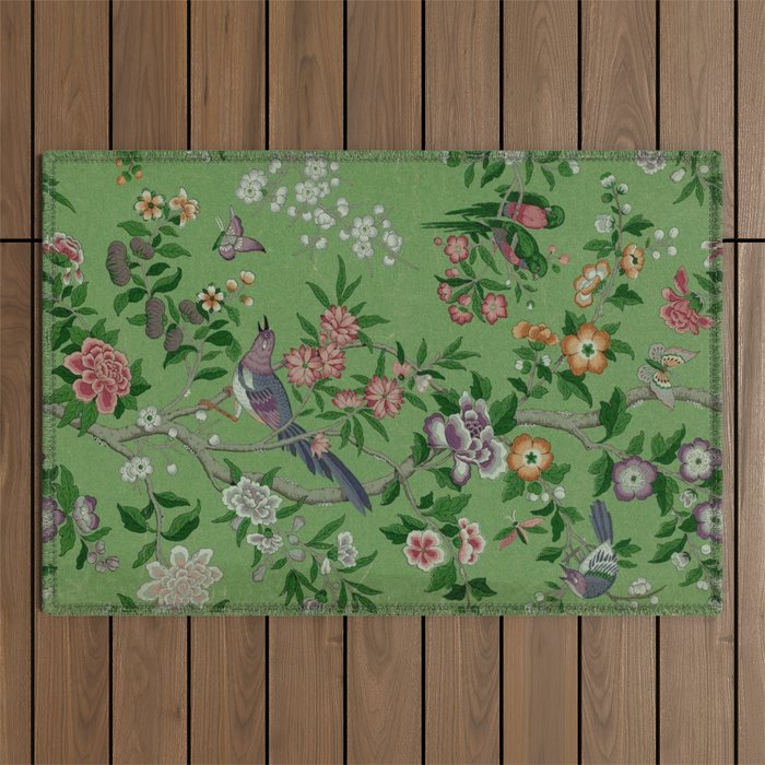 Chinoiserie Magpie Peony Garden Summer Green Outdoor Rug Gallery Image 1