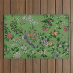Chinoiserie Magpie Peony Garden Summer Green Outdoor Rug Gallery Image 1