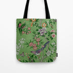 Chinoiserie Magpie Peony Garden Summer Green Tote Bag Gallery Image 1