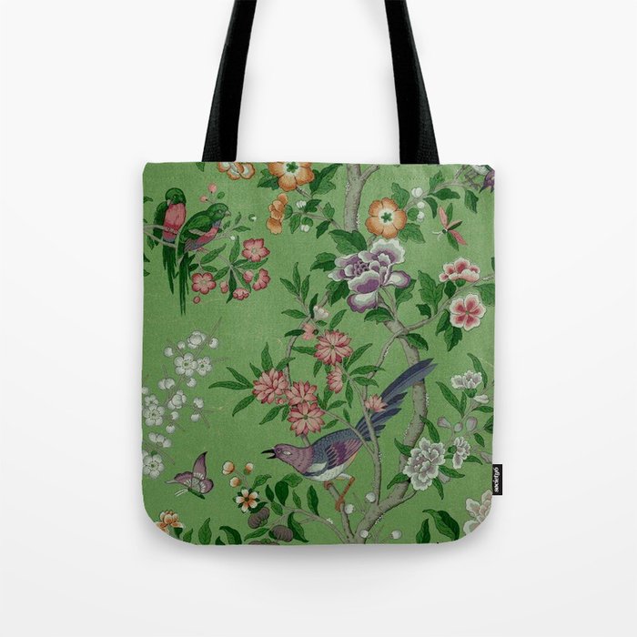 Chinoiserie Magpie Peony Garden Summer Green Tote Bag Gallery Image 1