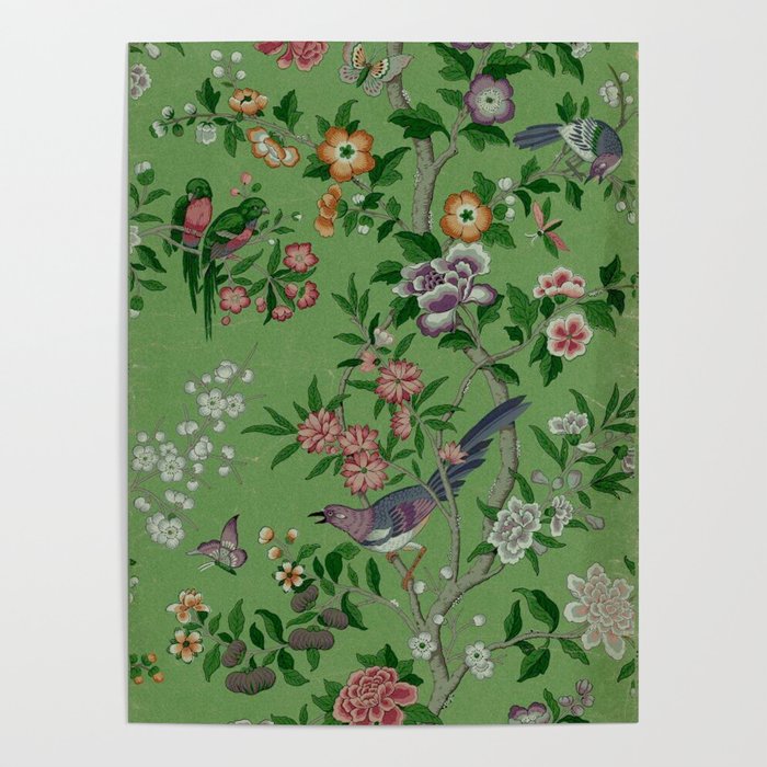 Chinoiserie Magpie Peony Garden Summer Green Poster Gallery Image 4