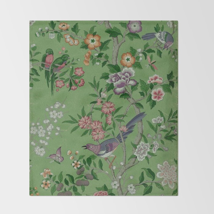 Chinoiserie Magpie Peony Garden Summer Green Throw Blanket Gallery Image 2