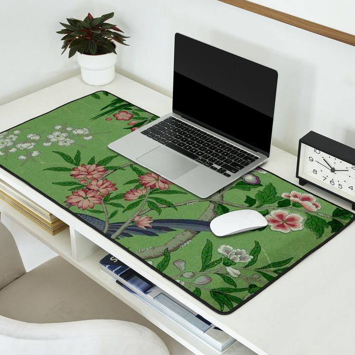 Chinoiserie Magpie Peony Garden Summer Green Desk Mat Gallery Image 2