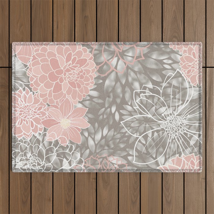 Floral Dahlias, Blush Pink, Gray, White Outdoor Rug Gallery Image 1