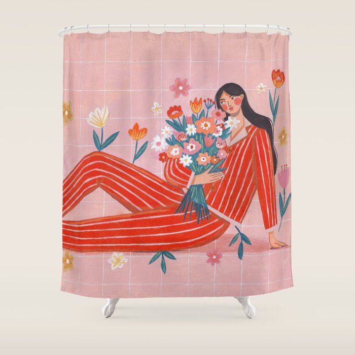 Modern Woman with Flowers Shower Curtain Gallery Image 1