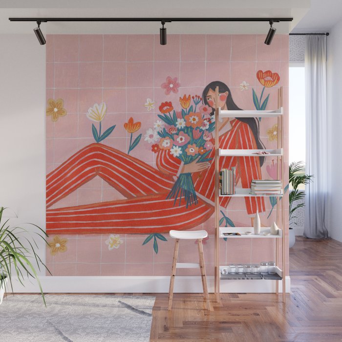 Modern Woman with Flowers Wall Mural Gallery Image 1