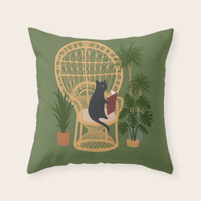 Hidden cat 51 private forest reading area rattan chair Throw Pillow Gallery Image 1