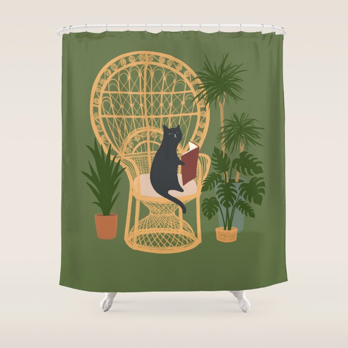 Hidden cat 51 private forest reading area rattan chair Shower Curtain Gallery Image 1