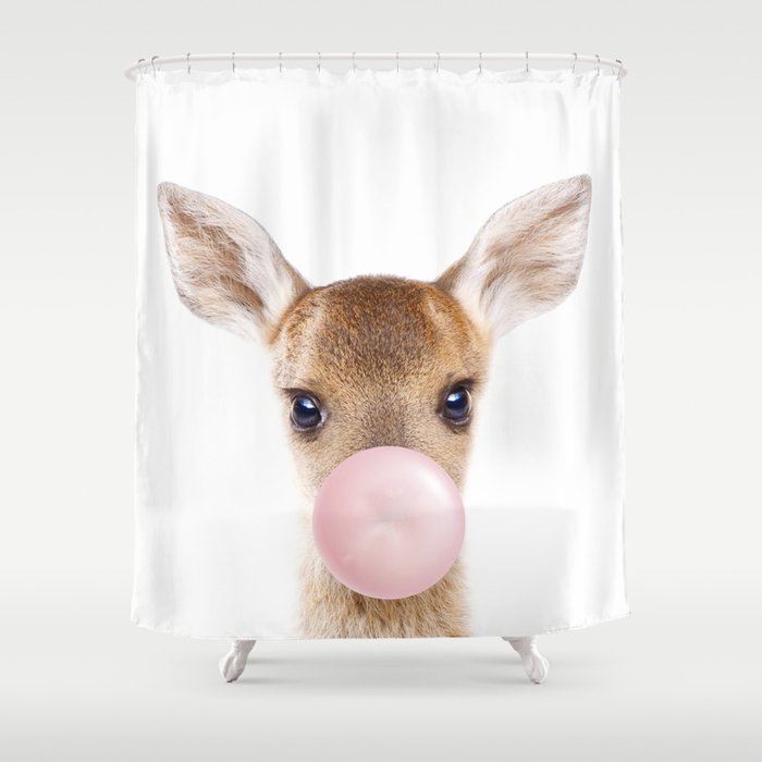 Baby Deer Blowing Bubble Gum, Pink Nursery, Baby Animals Art Print by Synplus Shower Curtain Gallery Image 1