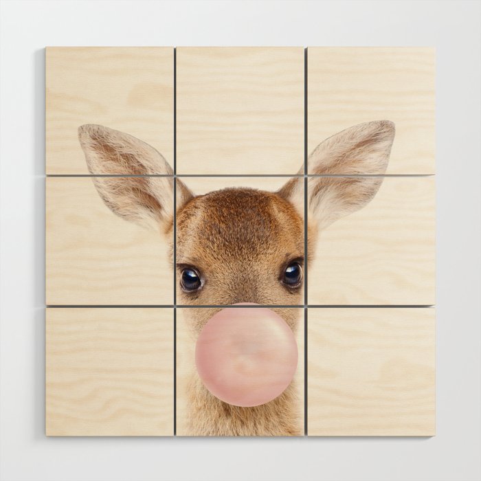 Baby Deer Blowing Bubble Gum, Pink Nursery, Baby Animals Art Print by Synplus Wood Wall Art Gallery Image 1