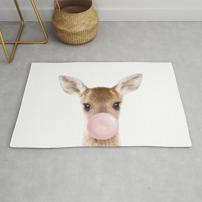 Baby Deer Blowing Bubble Gum, Pink Nursery, Baby Animals Art Print by Synplus Rug Gallery Image 1