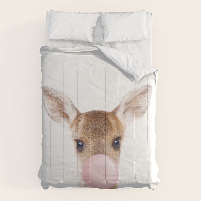 Baby Deer Blowing Bubble Gum, Pink Nursery, Baby Animals Art Print by Synplus Comforter Gallery Image 1