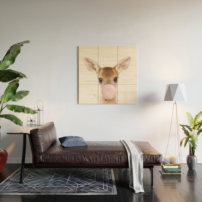 Baby Deer Blowing Bubble Gum, Pink Nursery, Baby Animals Art Print by Synplus Wood Wall Art Gallery Image 2