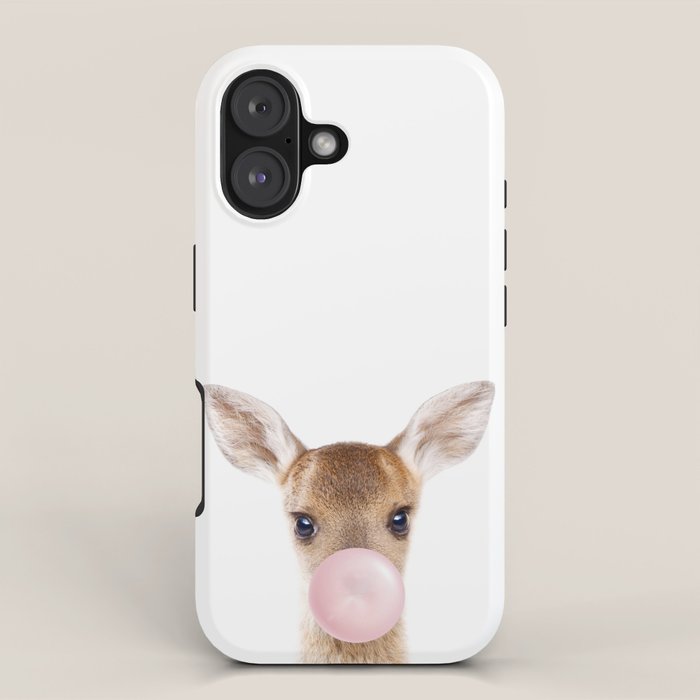 Baby Deer Blowing Bubble Gum, Pink Nursery, Baby Animals Art Print by Synplus iPhone Case Gallery Image 1