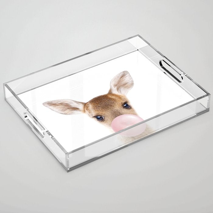 Baby Deer Blowing Bubble Gum, Pink Nursery, Baby Animals Art Print by Synplus Acrylic Tray Gallery Image 1