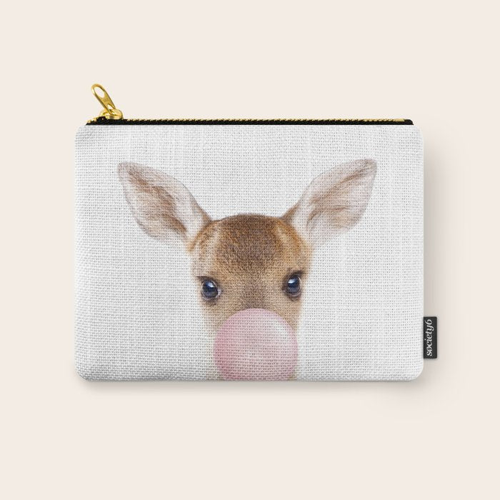 Baby Deer Blowing Bubble Gum, Pink Nursery, Baby Animals Art Print by Synplus Carry All Pouch Gallery Image 1