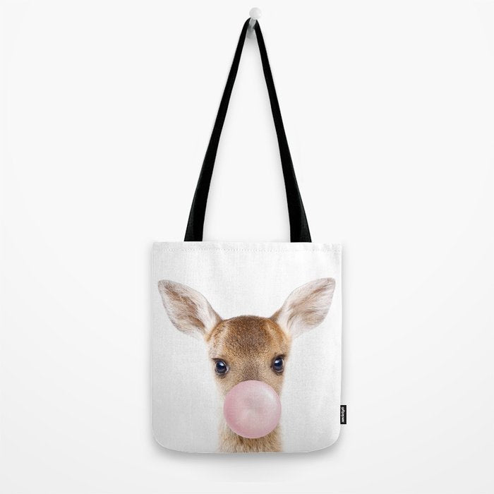 Baby Deer Blowing Bubble Gum, Pink Nursery, Baby Animals Art Print by Synplus Tote Bag Gallery Image 2