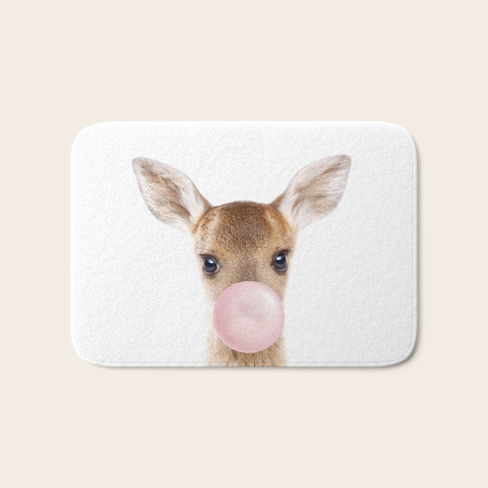 Baby Deer Blowing Bubble Gum, Pink Nursery, Baby Animals Art Print by Synplus Bath Mat Gallery Image 1
