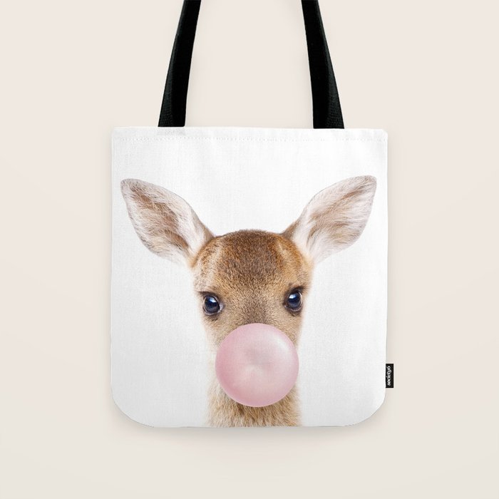 Baby Deer Blowing Bubble Gum, Pink Nursery, Baby Animals Art Print by Synplus Tote Bag Gallery Image 1