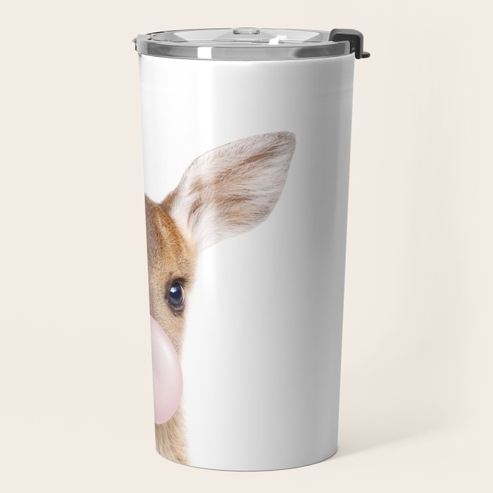 Baby Deer Blowing Bubble Gum, Pink Nursery, Baby Animals Art Print by Synplus Travel Mug Gallery Image 2
