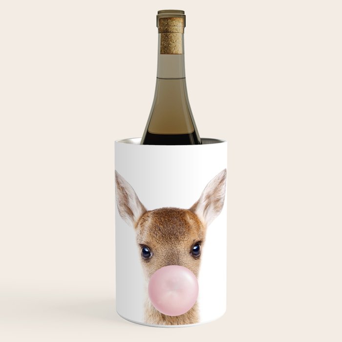 Baby Deer Blowing Bubble Gum, Pink Nursery, Baby Animals Art Print by Synplus Wine Chiller Gallery Image 1