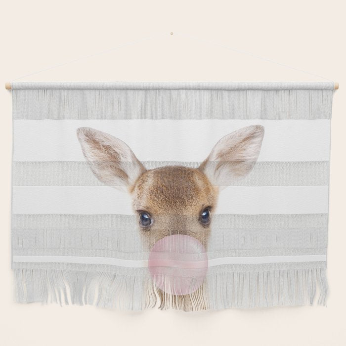 Baby Deer Blowing Bubble Gum, Pink Nursery, Baby Animals Art Print by Synplus Wall Hanging Gallery Image 1