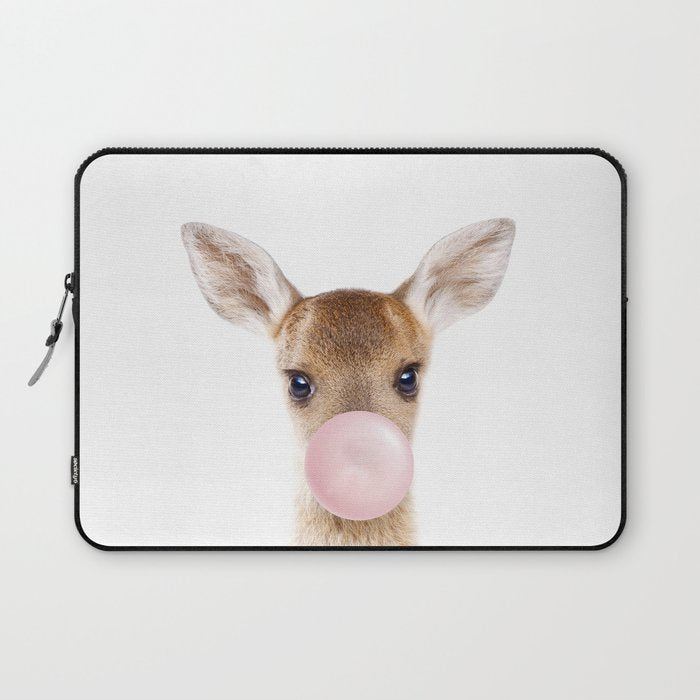 Baby Deer Blowing Bubble Gum, Pink Nursery, Baby Animals Art Print by Synplus Laptop Sleeve Gallery Image 1