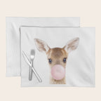 Baby Deer Blowing Bubble Gum, Pink Nursery, Baby Animals Art Print by Synplus Placemat Gallery Image 1