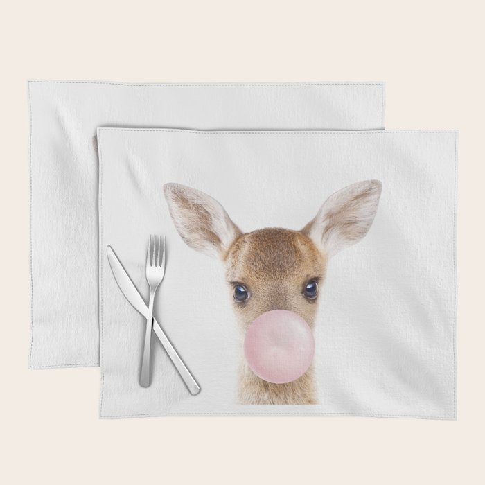Baby Deer Blowing Bubble Gum, Pink Nursery, Baby Animals Art Print by Synplus Placemat Gallery Image 1