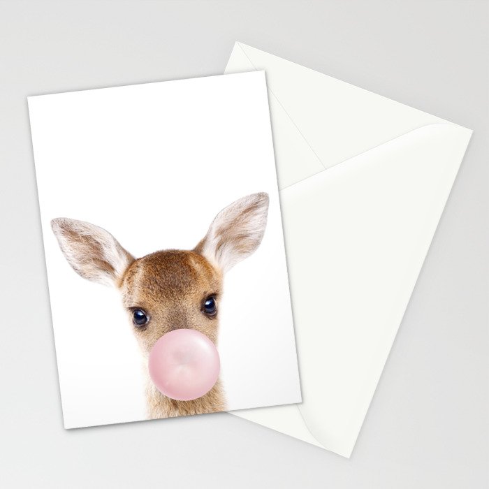 Baby Deer Blowing Bubble Gum, Pink Nursery, Baby Animals Art Print by Synplus Stationery Card Gallery Image 2