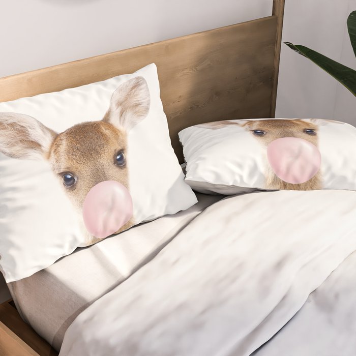 Baby Deer Blowing Bubble Gum, Pink Nursery, Baby Animals Art Print by Synplus Pillow Sham Gallery Image 2
