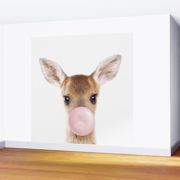 Baby Deer Blowing Bubble Gum, Pink Nursery, Baby Animals Art Print by Synplus Wall Mural Gallery Image 2
