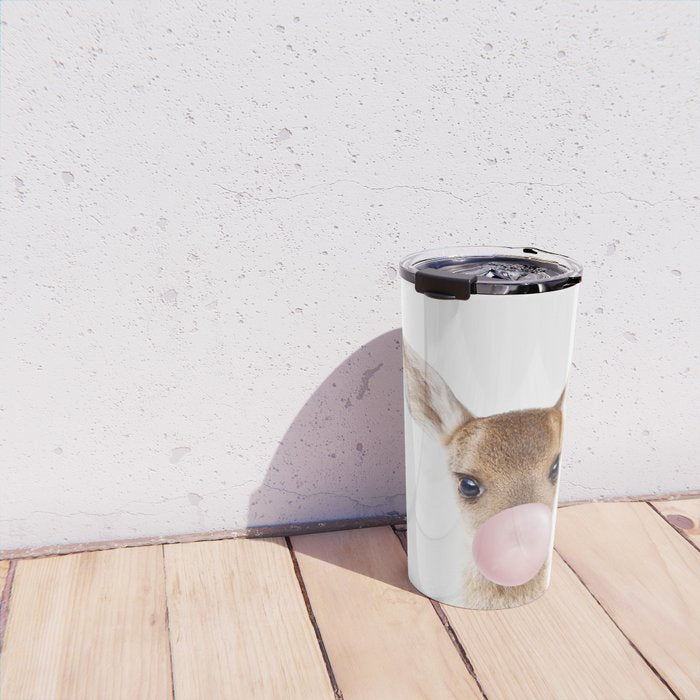 Baby Deer Blowing Bubble Gum, Pink Nursery, Baby Animals Art Print by Synplus Travel Mug Gallery Image 4
