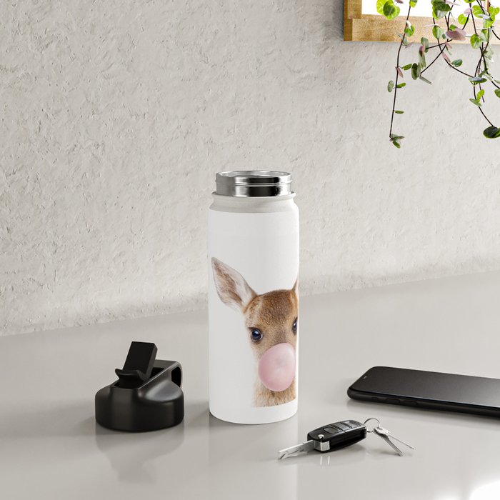 Baby Deer Blowing Bubble Gum, Pink Nursery, Baby Animals Art Print by Synplus Water Bottle Gallery Image 4