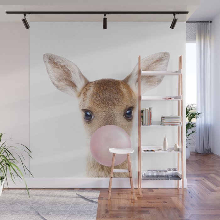 Baby Deer Blowing Bubble Gum, Pink Nursery, Baby Animals Art Print by Synplus Wall Mural Gallery Image 1