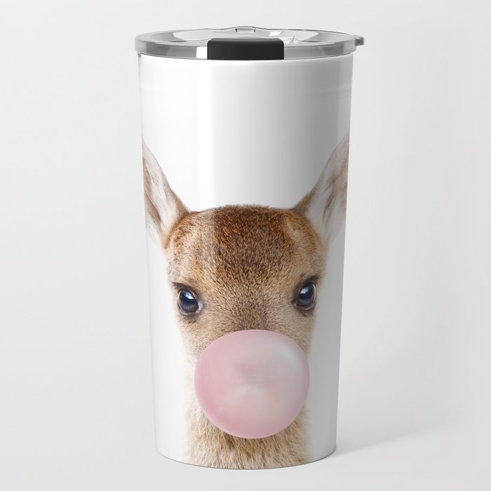 Baby Deer Blowing Bubble Gum, Pink Nursery, Baby Animals Art Print by Synplus Travel Mug Gallery Image 1