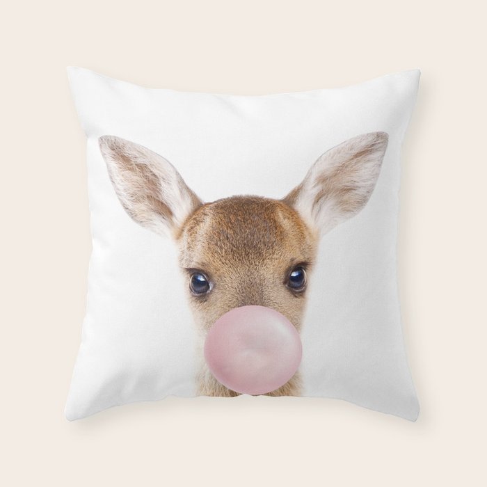 Baby Deer Blowing Bubble Gum, Pink Nursery, Baby Animals Art Print by Synplus Throw Pillow Gallery Image 1