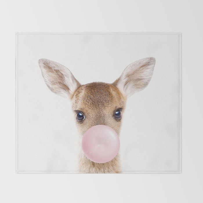 Baby Deer Blowing Bubble Gum, Pink Nursery, Baby Animals Art Print by Synplus Throw Blanket Gallery Image 2