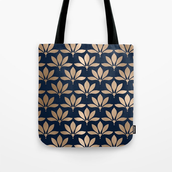Gold and Navy Art Deco Leaf Design Tote Bag Gallery Image 1