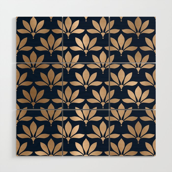 Gold and Navy Art Deco Leaf Design Wood Wall Art Gallery Image 1