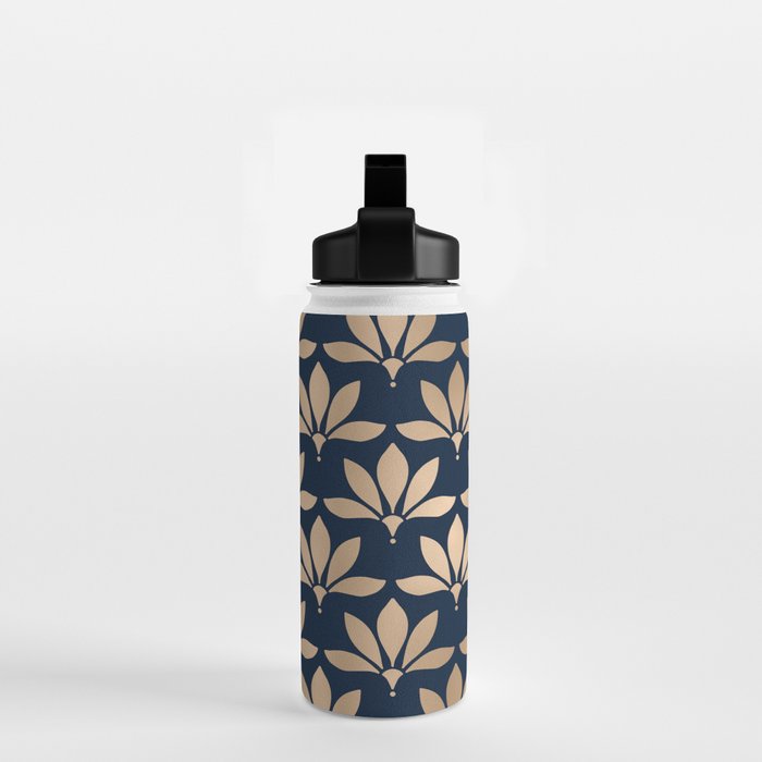 Gold and Navy Art Deco Leaf Design Water Bottle Gallery Image 2