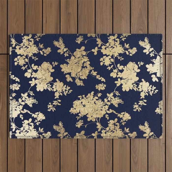Elegant vintage navy blue faux gold flowers Outdoor Rug Gallery Image 1